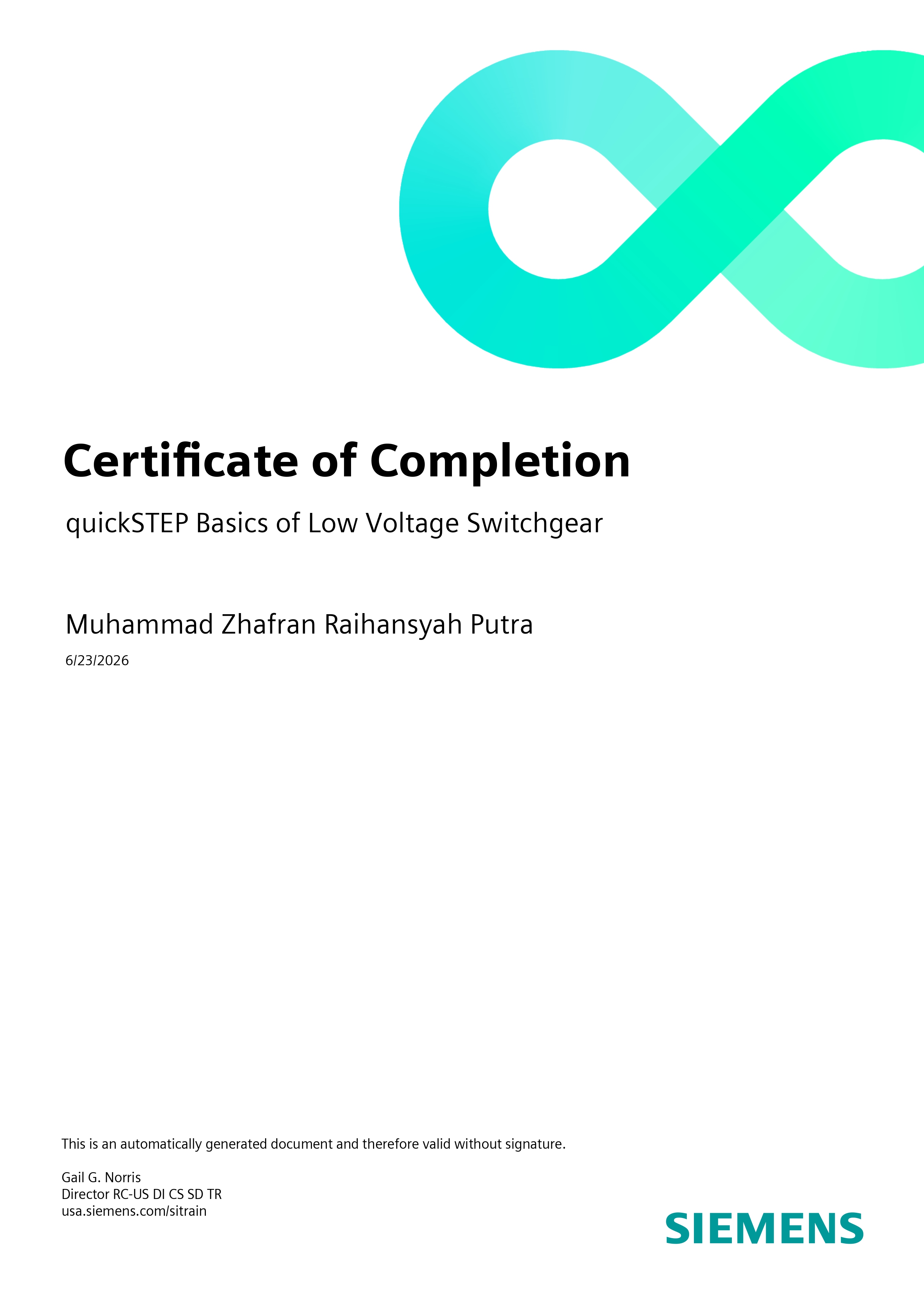 Certificate of Completion - quickSTEP Basics of Low Voltage Switchgear